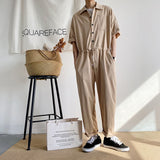 Men's Overalls Jumpsuits Summer Fashion Casual Nine Point Cargo Pants Japanese Retro Male Clothes Couple Loose Solid Color Suit