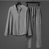 Foesce Men's Chinese Style Tang Suit Long-sleeved T-shirt +pant Breathable V-neck Shirt Two-piece Autumn Casual Sports Suit