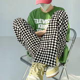 Youth Streetwear Black Plaid Mens Joggers Straight Harem Pants Hip Hop Trousers