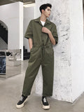 Foesce Casual Men's Short-sleeved Jumpsuit Japanese Style Waist Drawstring Design New Loose Simple Fashionable Pants