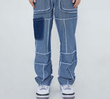 Streetwear Men's Jeans Reverse Patchwork Male Straight Denim Trousers Vintage Casual Pants Spring Stylish New
