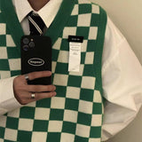 Foesce New Autumn Arctic Velvet Checkerboard Pattern Men's Sweater Vest Retro V-neck Sleeveless Knit Vest Woolen Korean Clothes