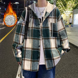 Winter College Style Plaid Hooded Jacket  Men Loose Fashion Woolen Fabric Male Hip Hop Thick Korean Couple Woolen Coat New