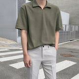 Japanese V-neck Short Sleeve Vintage Tshirt Men Korean Fashion Summer New Simple Solid Color Polo Shirt Half-sleeve Top