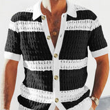 Foesce Casual Elegant Contrast Color Knitted Short-sleeved Shirt Men's Summer Slim Single-breasted Color Matching Hollow Lapel Top