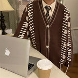 Vintage Knitted Sweater Coat Men HipHop Cardigan Male Argyle Long Sleeve Spliced Japanese Streetwear Retro Autumn Winter