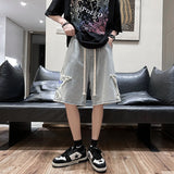 American Embroidered Denim Shorts men's summer fashion brand street straight pants worn loose ruffian handsome Capris