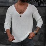 Men Spring V Neck Rib Bottoming T-shirts Pullover Autumn Long Sleeve Slim Fit Tees Tops Simple Casual Plain Thin Knit Shirt