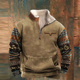 Mens Hoodie Casual Loose Long Sleeve Sweatshirts Fall Fashion Zipper Stand Collar Top Vintage Graphic Print Patchwork Sweatshirt
