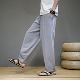 Men Pants Cotton and Linen Summer Solid Loose Sports Wide-Leg Pants Sports Men Lace-up Mid-Waist Pocket Straight Pants Trousers