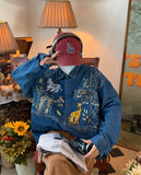 Giraffe Embroidered Zoo Denim Shirt Men Autumn New Vintage Style Casual Long Sleeve Casual Shirt Women Top Punk Style