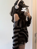 Gothic Streetwear Striped Knitted Sweater Women Harajuku Punk Hollow Out Jumper Hole Loose All-match Tops Grunge E-girl