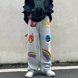 Men'S Jeans Hip-Hop Flame Rainbow Print Harajuku Trend Fashion Loose Casual Men'S And Women'S Denim Trousers Ins Hot Tide Brand