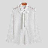 Foesce  Men Shirt Mesh Hollow Out Streetwear Lapel Lace Up Long Sleeve Shirts Sexy Transparent Party Fashion Camisas S-5XL