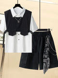 Gothic Men Suits Cargo Vest + Shirt + Shirts 3 Pieces Set Summer Clothes Punk Preppy Streetwear Casual Outfit Men Fashion Trend
