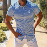 Summer Short Sleeve Men's Slim Shirts Fashion Graphic Print Button-up Shirt Streetwear Men Clothing Classic Turn-down Collar Top