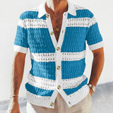 Foesce Casual Elegant Contrast Color Knitted Short-sleeved Shirt Men's Summer Slim Single-breasted Color Matching Hollow Lapel Top