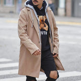 Fashion Long Sleeve Hooded Coat Autumn Winter Mens Casual Solid Color Patchwork Woolen Coat Men Loose Single Breasted Coats