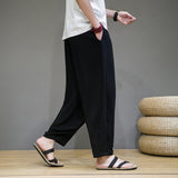 Men Pants Cotton and Linen Summer Solid Loose Sports Wide-Leg Pants Sports Men Lace-up Mid-Waist Pocket Straight Pants Trousers