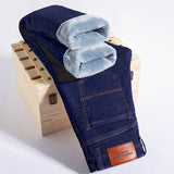 Winter New Men Fleece Jeans Business Casual Stretch Fitted Straight Denim CowBoy Student Trousers Male Classic Thick Warm Pants