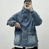 Cargo Denim Hoodie Men Fashion Streetwear Multi-Pocket Hip Hop Harajuku Street Hooded Sweatshirt