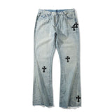 Mens Trousers Retro Cross Patch Distressed Straight Jeans Pants High Street Streetwear Fashion Loose Washed Denim Pants Unisex