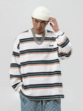 Apricot Stripe T Shirt  American Street Sweatshirt Men's High Street Vintage Hiphop Striped Long-sleeved T-shirt Oversize Tops
