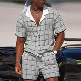Men's Casual Set Vintage Checked Plaid Short Sleeved Lapel Shirt Beach Suit Fashion Loose Pockets Male Shorts Outfits Streetwear