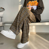Spring Cotton Casual Pants Men Fashion Retro Oversized Plaid Pants Men Streetwear Loose Wide Leg Pants Mens Straight Trousers