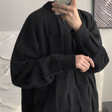 Foesce Plaid Sweater Men's Autumn Winter Men's Loose Round Neck Pullover Knitted Sweater Trendy Lazy Jumper Black Loose Streetwear