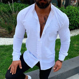 Foesce New Long Sleeve Button Stand Collar Men's Cotton Linen Shirt Buckle Casual Top