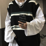 Couples Knitted Sweater Vest Japanese Pullover Retro Men Korean Fashion Loose Stripe Loose Casual Harajuku V Neck Golf Vest Men