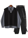 New Spring Autumn 3 Piece Set Women Streetwear Knitted Vest+Long Sleeve Shirt+Harajuku BF Loose Cargo Pants Women