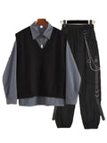 New Spring Autumn 3 Piece Set Women Streetwear Knitted Vest+Long Sleeve Shirt+Harajuku BF Loose Cargo Pants Women