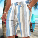 Foesce New Men's Casual Fashion Faux Flax Striped Shorts Linen Solid Color Short Trousers Male Summer Beach Breathable Flax Shorts