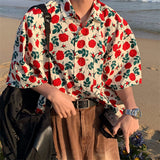Summer Beach Hawaiian Rose Shirts Vintage Red Floral Button Up Shirt Men Women Loose Casual Tops Large 2XL Japan Kawaii Tee