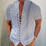 Vintage Graphic Print Mens Shirt Loose Buttoned Stand Collar Short Sleeve Tops Shirts 2023 Summer Casual Daily Shirt Men Clothes