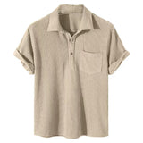 FoesceNew Men's Casual Plaid Polo Shirts Top Turn-Down Collar Button Blouse Short Sleeve Solid Pocket Blouse Shirt Men clothing
