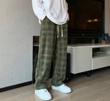 Casual Pants Men High Street Ins Fashion Wide Leg Spodnie Plaid Korean Style Handsome Students Corduroy Autumn Elastic Waist New