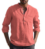 Foesce Men's Casual Cotton Linen Shirts Solid White V Neck Men Long Sleeve Shirt Button Pocket Tops Blouse Pullovers Camisas De Hombre