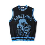College Knitted Vest Sweaters Men Women Street Hip Hop Casual Band Cartoons Anime Pattern O-neck Sleeveless Sweaters Tops