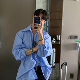 White Blue Striped Shirt Men Fashion Social Mens Dress Shirt South Korean Loose Long Sleeve Shirt Mens Oversized Casual Shirts