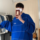 Foesce  Men's Casual Cotton Hoodies Stripe Printing Oversized Sweatshirts Lapel Collar Zipper Pullover Black/blue Color Coats M-2XL