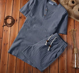 Foesce-(Shirt + shorts) summer fashion Short sleeve men shirt Cotton shirts men's casual elastic waist shirts men full size M-5XL
