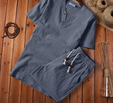 Foesce-(Shirt + shorts) summer fashion Short sleeve men shirt Cotton shirts men's casual elastic waist shirts men full size M-5XL