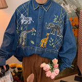 Giraffe Embroidered Zoo Denim Shirt Men Autumn New Vintage Style Casual Long Sleeve Casual Shirt Women Top Punk Style