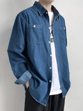 Spring New Button Pockets Men's Blue Denim Shirt Husband Fashion Long Sleeve Solid Cotton Slim Casual Shirts for Men