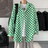 Spring Oversize Checkerboard Shirts Men Clothing Baggy Blouse Fashion Korean Street Long Sleeve Button Coat Tops Male Plus Size