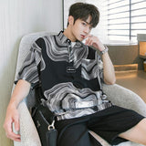 Foesce Thin Korean Streetwear T-Shirts Vintage Spring Summer Fashion Casual Button Pullovers Handsome Printing Geometric Men's Clothing