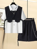 Gothic Men Suits Cargo Vest + Shirt + Shirts 3 Pieces Set Summer Clothes Punk Preppy Streetwear Casual Outfit Men Fashion Trend